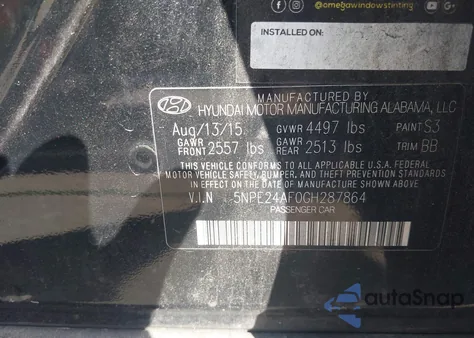 2016 Hyundai Sonata Se from USA, damaged, VIN 5NPE24AF0GH287864